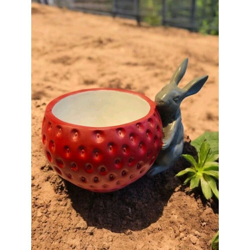 New Red / Gray Rabbit Holding Strawberry Plastic Garden Outdoor Planter Pot